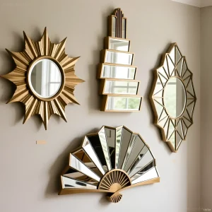 Коллекция зеркал в стиле арт-деко золотистого цвета на бежевой стене, демонстрирующая геометрические формы и солнечные лучи.