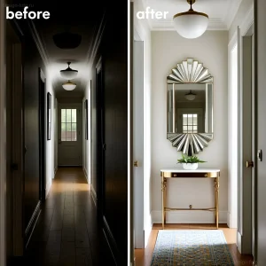 Фото до и после: преображение темной прихожей в стиле арт-деко с использованием большого зеркала в форме солнечных лучей и золотой консоли.