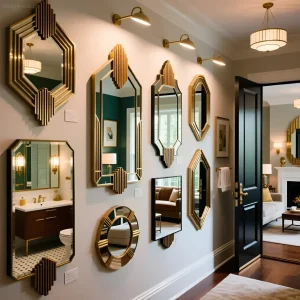 Коллаж зеркал в стиле арт-деко с золотой отделкой на белой стене ванной комнаты, отражающих интерьер и создающих эффект глубины.