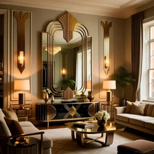 Роскошная гостиная в стиле арт-деко с большим зеркалом в золотой раме, отражающим люстру и элементы декора.