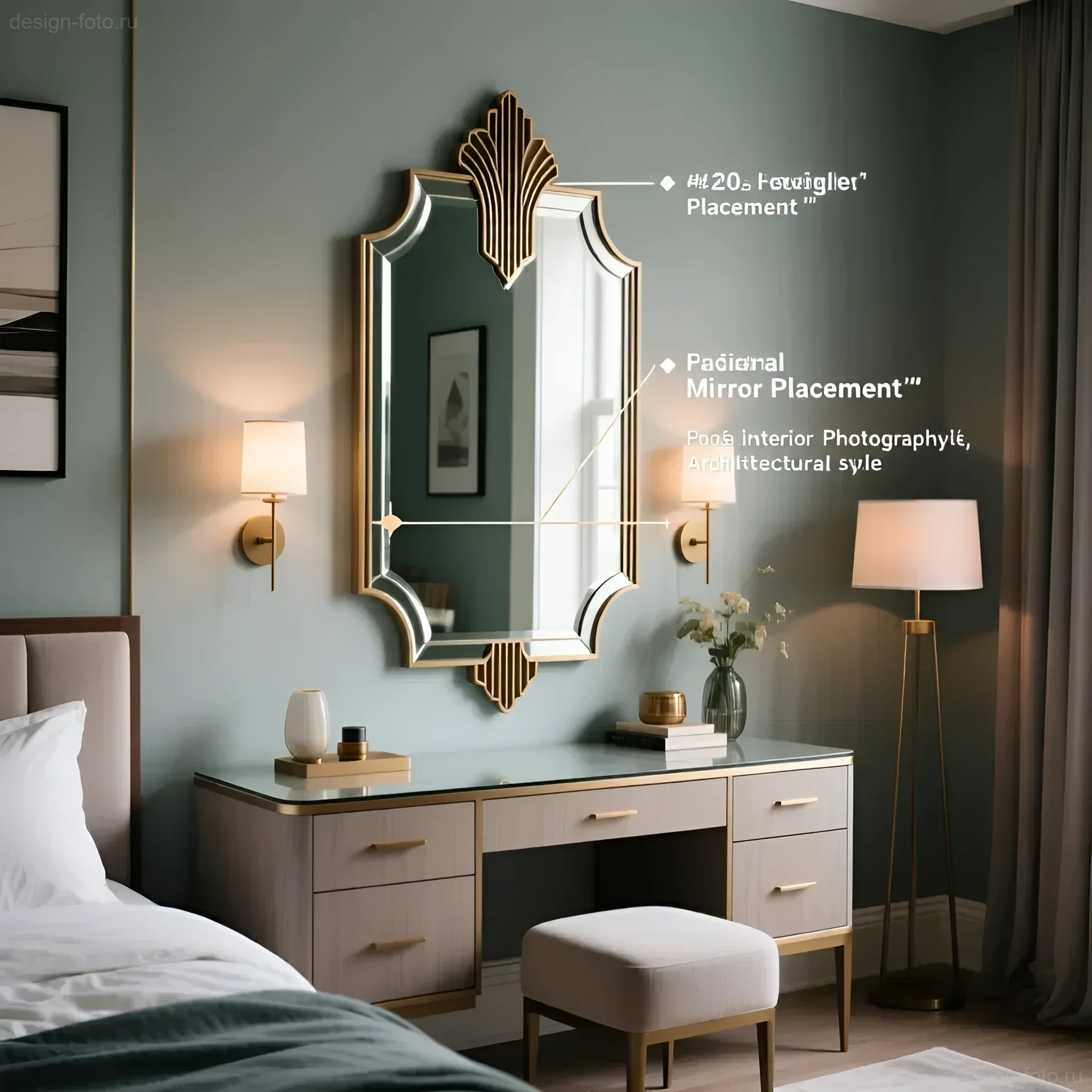 Элегантное зеркало в стиле арт-деко с геометрическим дизайном золотой рамы над комодом в спальне, освещенной настенным бра.