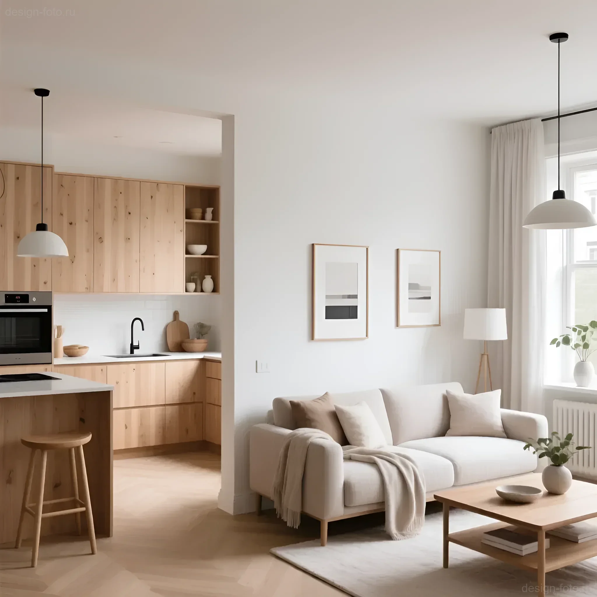 Светлое пространство кухни-гостиной с деревянными фасадами и бежевым диваном