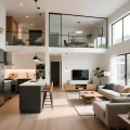Интерьер двухуровневой кухни-гостиной с панорамным остеклением и минималистичной мебелью