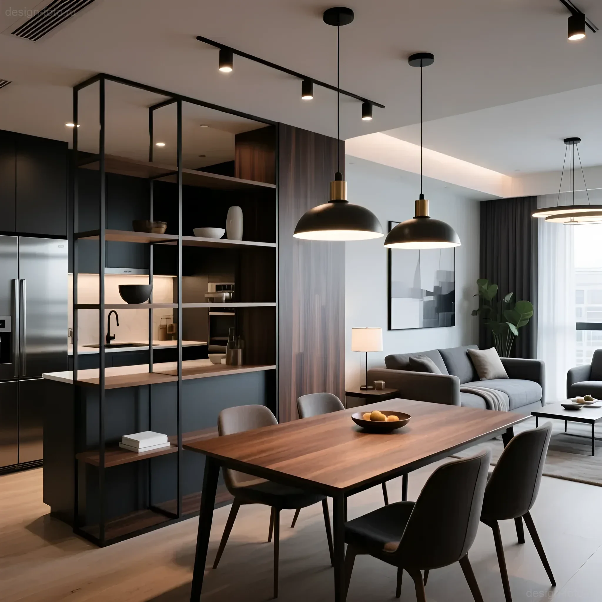 Современная кухня-гостиная с открытым стеллажом-перегородкой и подвесными светильниками над обеденным столом