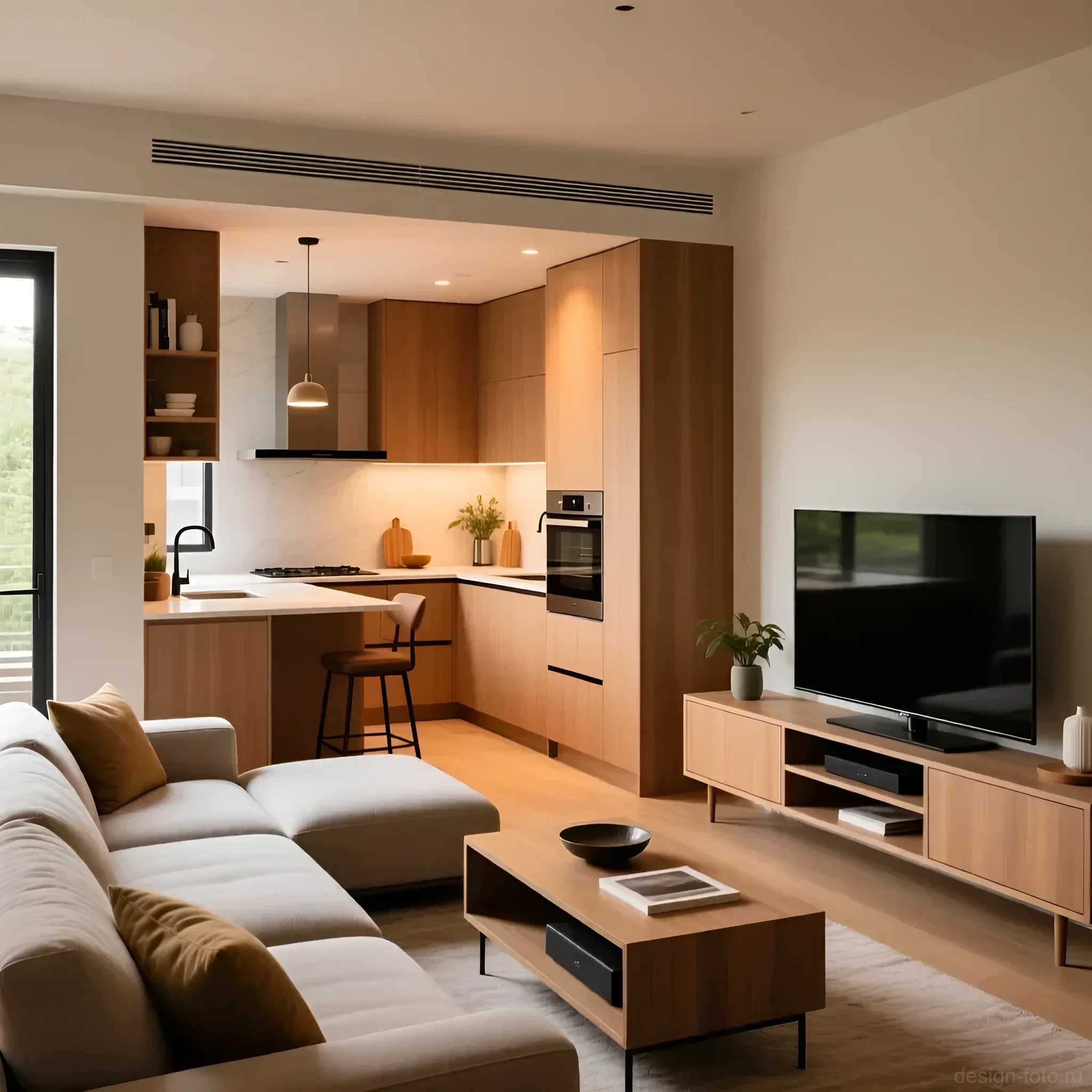 Идеальная интеграция кухни и зоны отдыха: пример минималистичного зонирования с помощью барной стойки и мебели