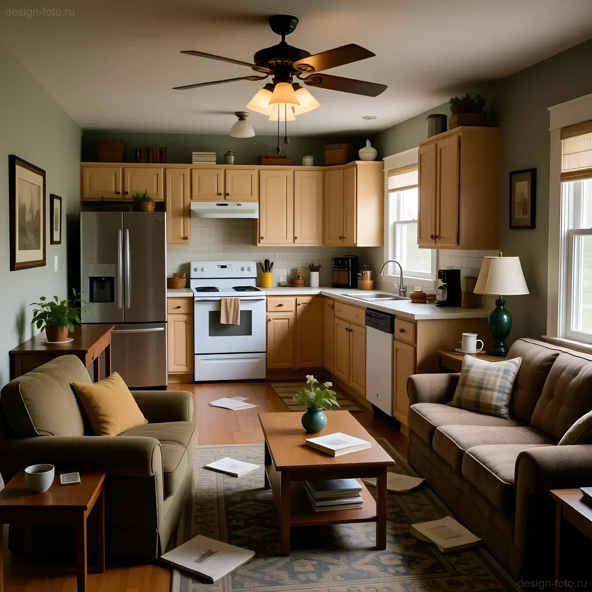 Уютное зонирование кухни-гостиной в природной гамме с мебелью из светлого дерева