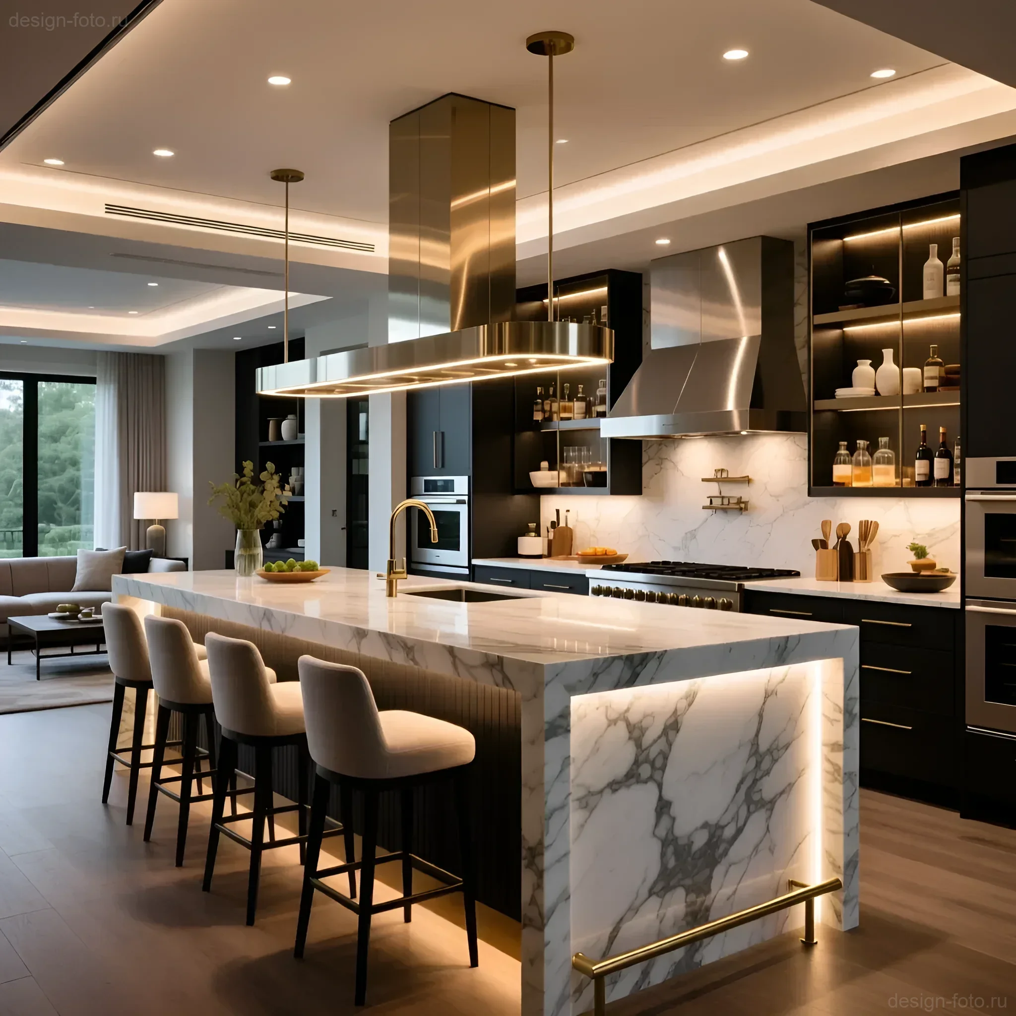 Интерьер кухни-гостиной с монументальным островом из белого мрамора и акцентами из полированной латуни