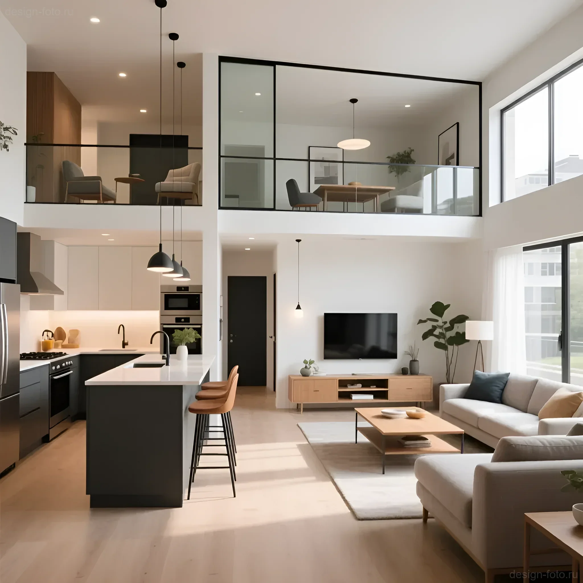 Интерьер двухуровневой кухни-гостиной с панорамным остеклением и минималистичной мебелью