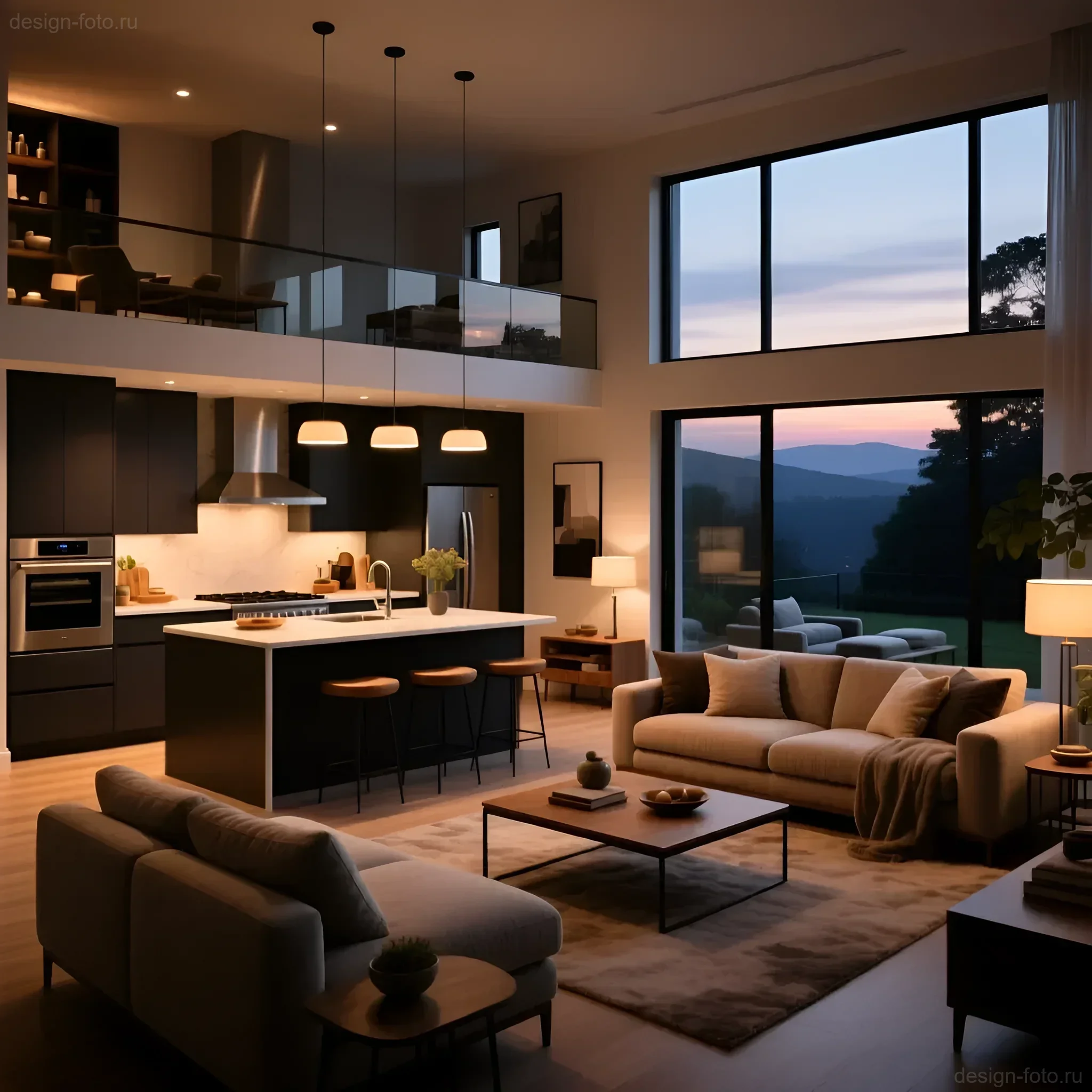 Просторная кухня-гостиная с черными матовыми фасадами, светлым островом и панорамным остеклением с видом на горы