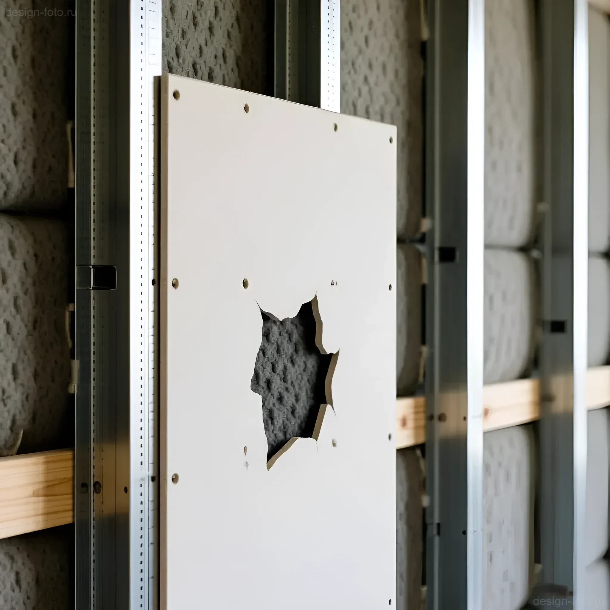 Демонстрация внутреннего устройства гипсокартонной перегородки: металлический профиль, теплоизоляция и лист ГКЛ с повреждением