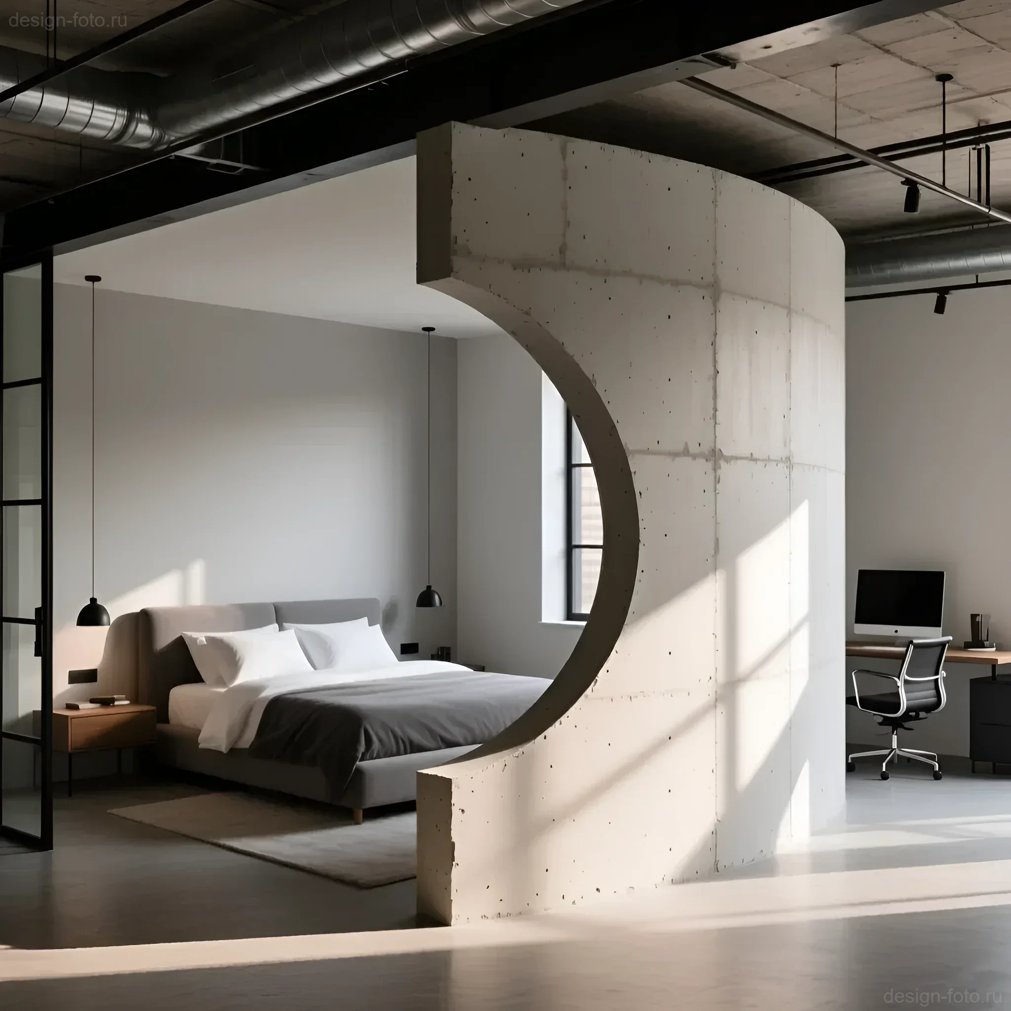 Интерьер спальни-студии с криволинейной перегородкой из бетона (имитация ГКЛ) и открытыми коммуникациями