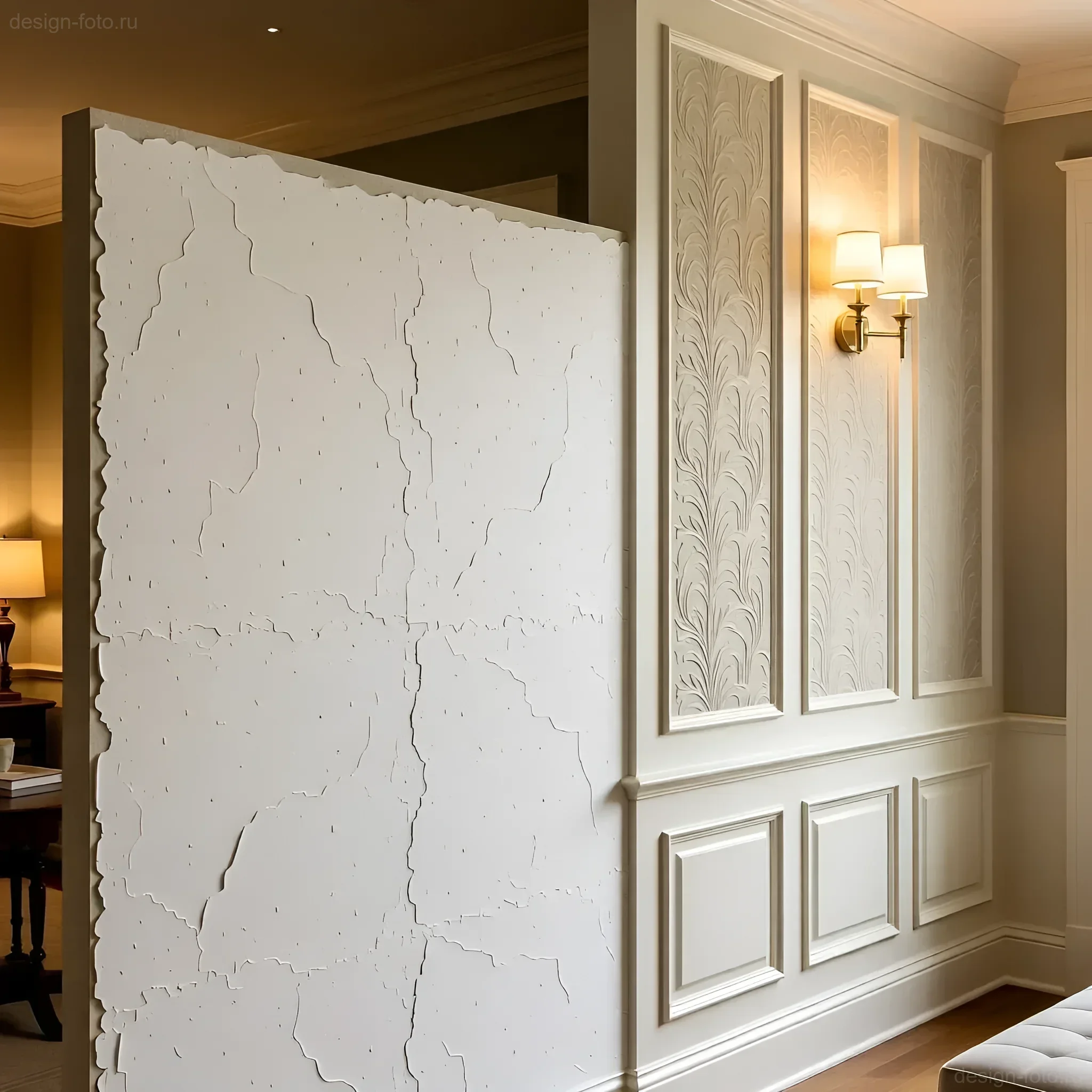 Крупный план белой гипсокартонной перегородки с нарочито состаренной, потрескавшейся отделкой рядом с классической стеновой панелью с лепниной и бра