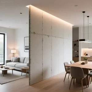 Современное зонирование гостиной и столовой с помощью высокой, необработанной перегородки из гипсокартона с верхней скрытой подсветкой