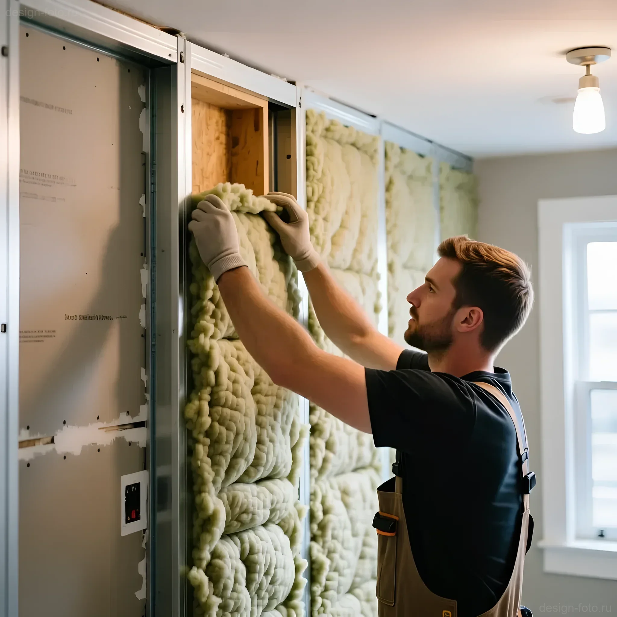 Мастер плотно укладывает акустическую минеральную вату между металлическими профилями для звукоизоляции новой гипсокартонной стены