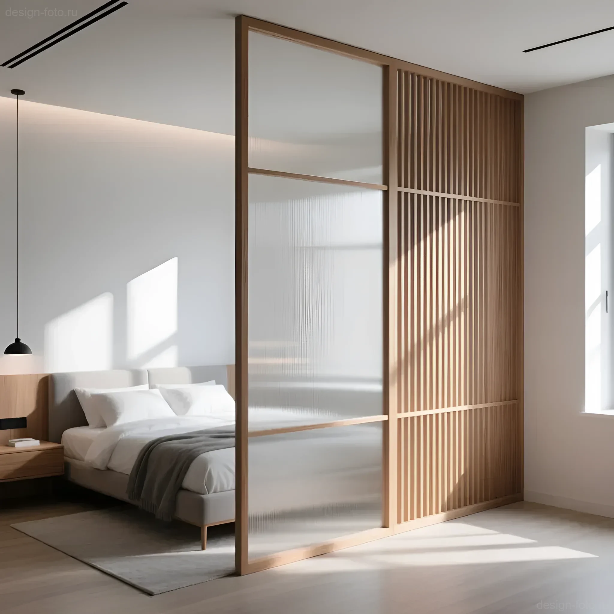 Скандинавская студия с деревянной реечной перегородкой, отделяющей спальную зону с кроватью