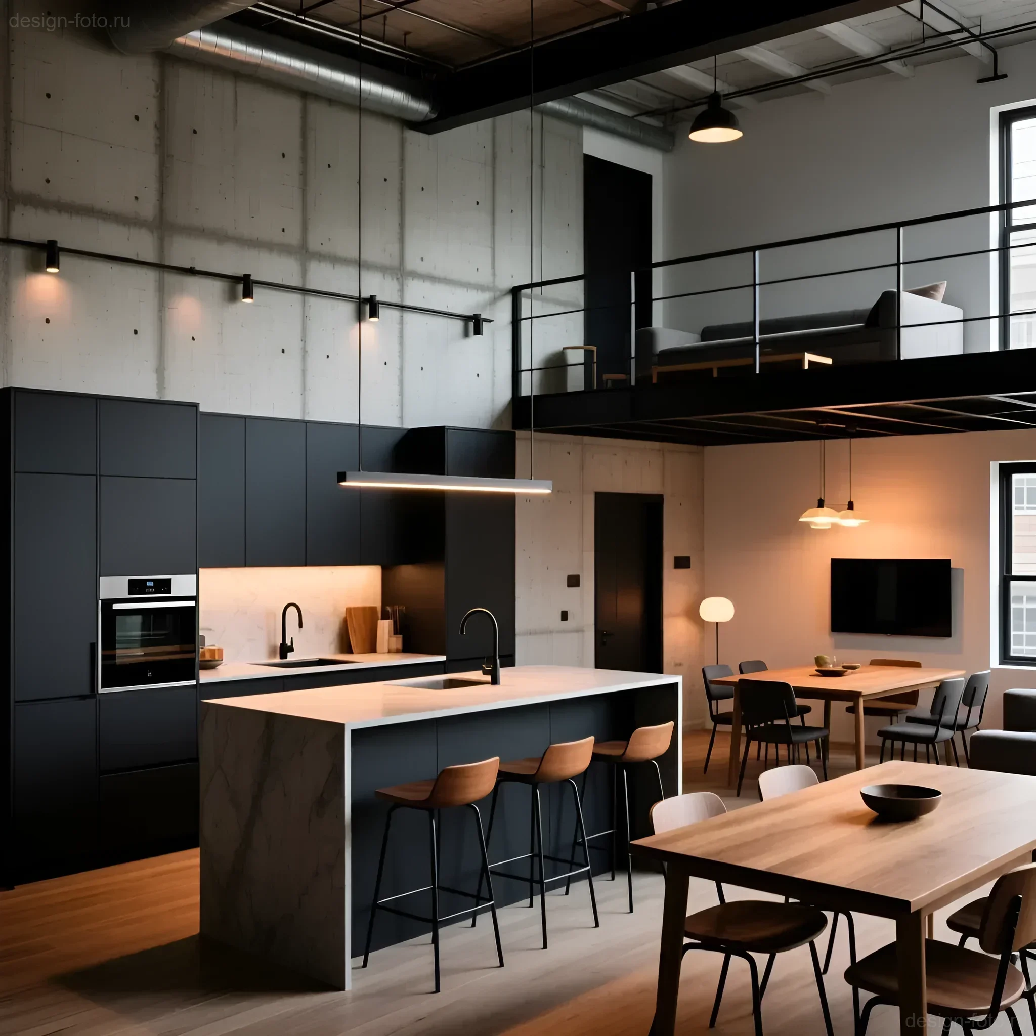 Черно-белая кухня-гостиная в стиле лофт с бетонными стенами и двухуровневой планировкой