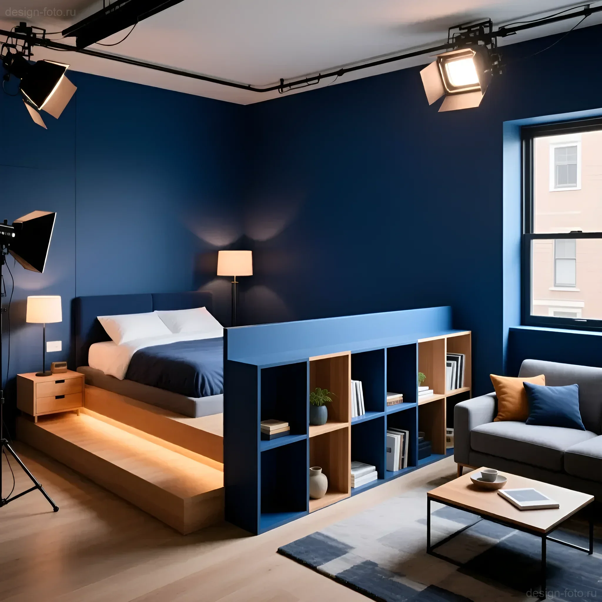Интерьер студии с выделенной спальной зоной на деревянном подиуме и синим стеллажом-зонированием