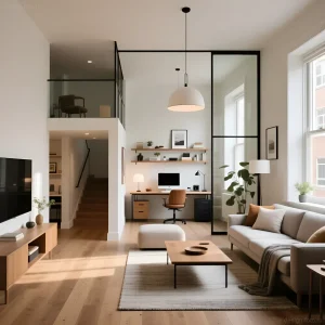 Светлая студия с двухуровневым пространством, разделенным черными стеклянными перегородками для офисной зоны