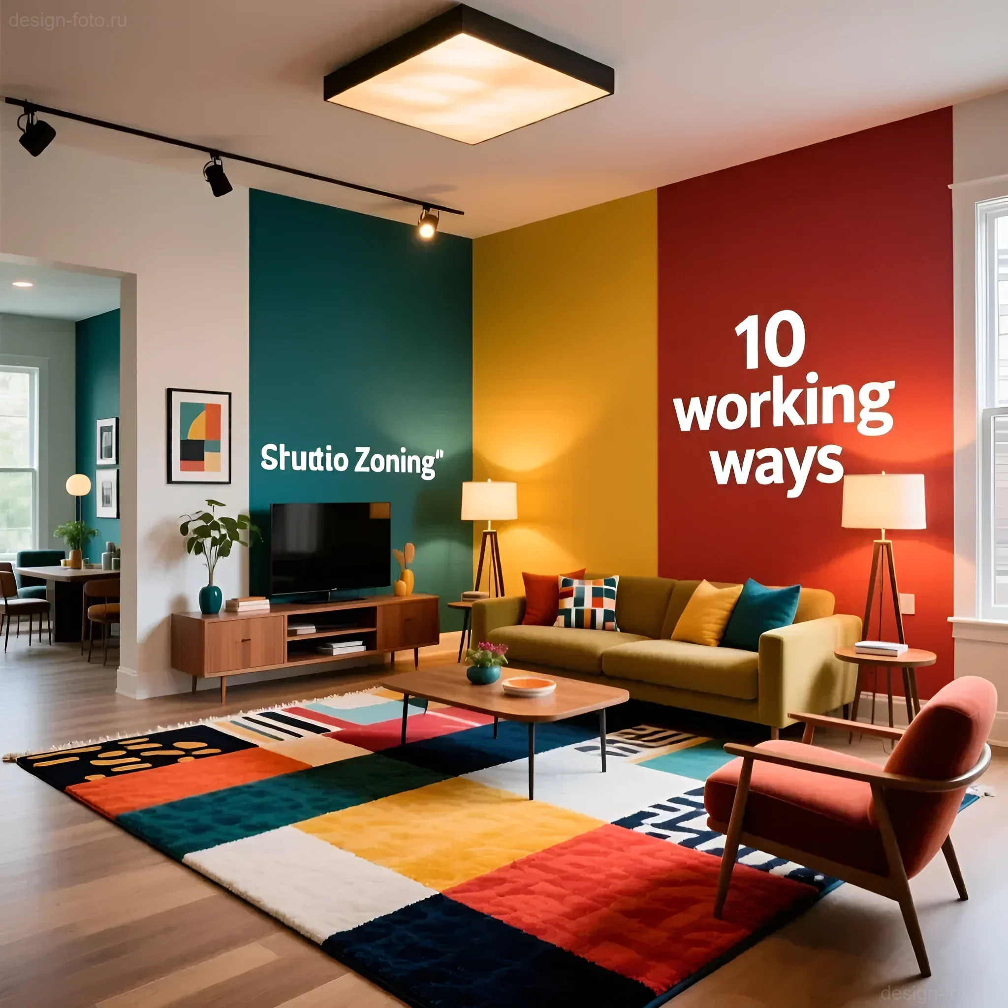 Интерьер студии с акцентными стенами и разноцветным ковром, демонстрирующий идеи зонирования