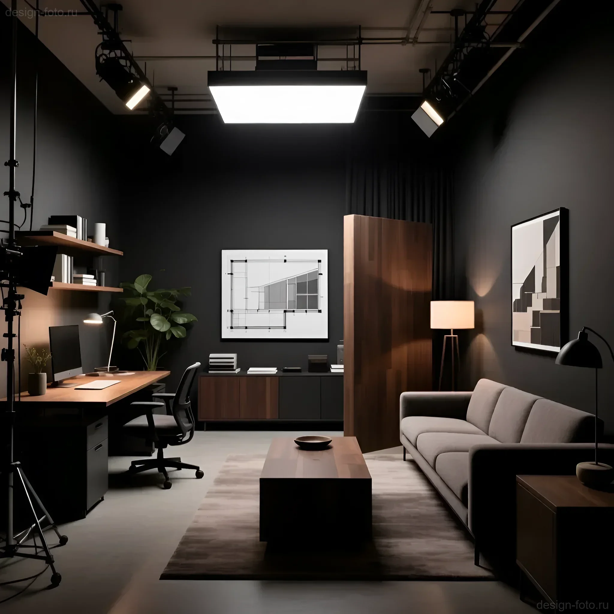 Интерьер темной студии с рабочим местом и зоной отдыха, разделенными деревянной перегородкой