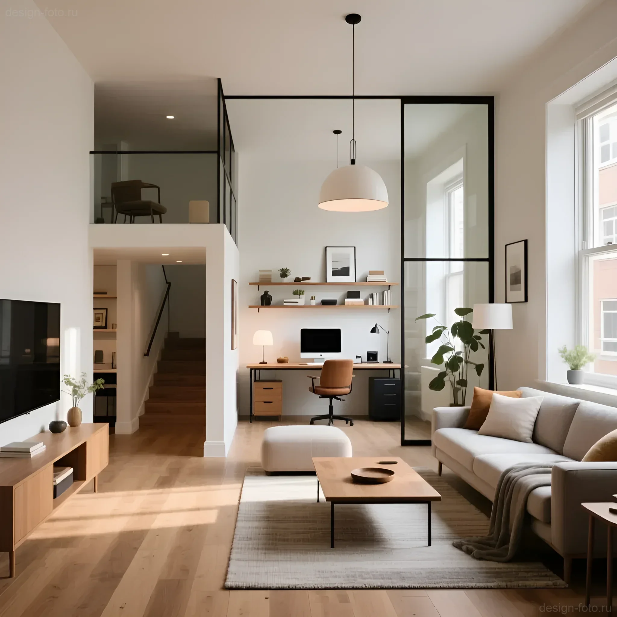 Светлая студия с двухуровневым пространством, разделенным черными стеклянными перегородками для офисной зоны