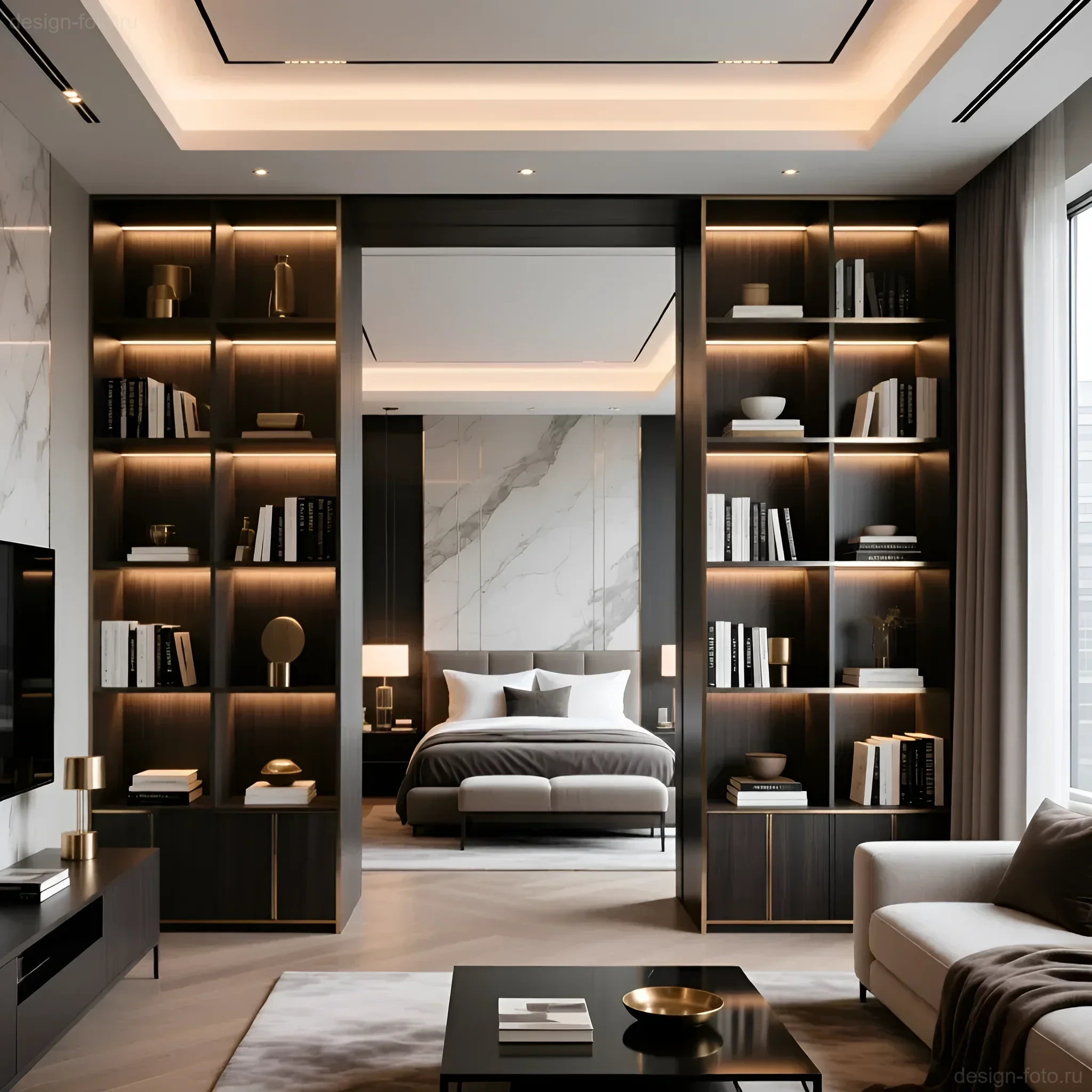 Интерьер гостиной-студии с проходным стеллажом из темного дерева, отделяющим зону отдыха от спальни