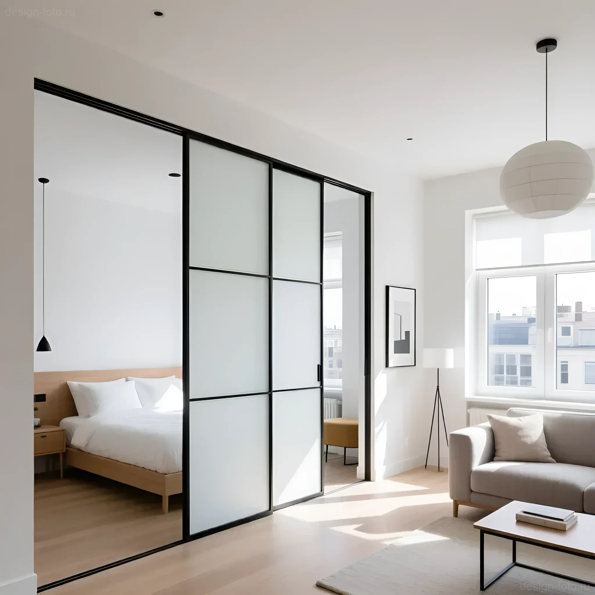Минималистичная однокомнатная квартира с матовой стеклянной перегородкой в черном профиле, отделяющей спальную зону от гостиной