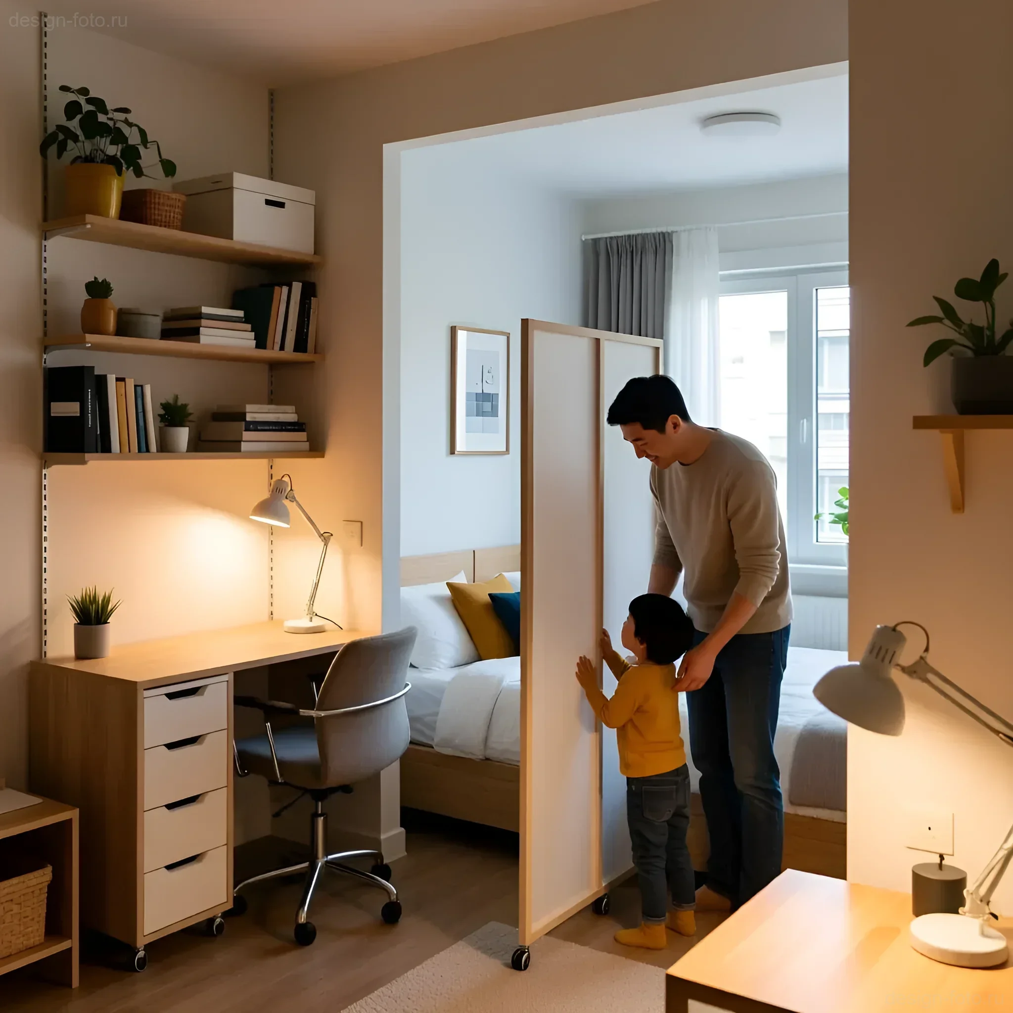 Светлый интерьер однокомнатной квартиры с мобильной перегородкой, отделяющей рабочую зону от спальни для семьи.
