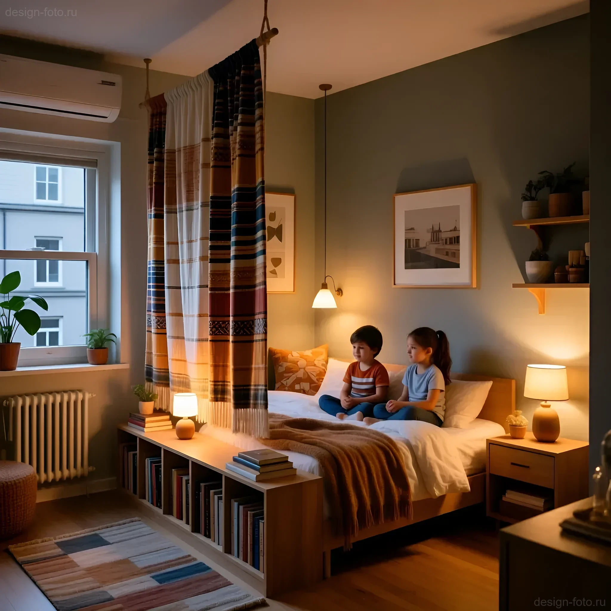 Функциональное зонирование однокомнатной квартиры с помощью подвесной шторы и встроенного в изножье кровати стеллажа для книг