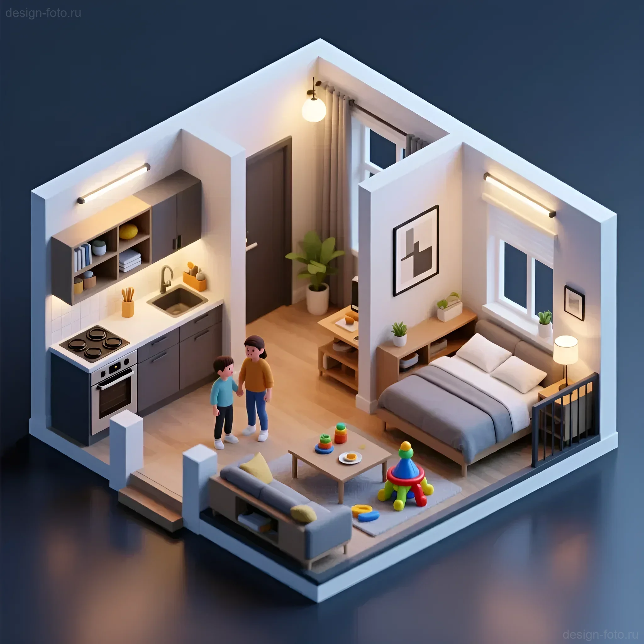 Миниатюрная планировка однокомнатной квартиры с грамотным разделением кухни, спальни и зоны отдыха