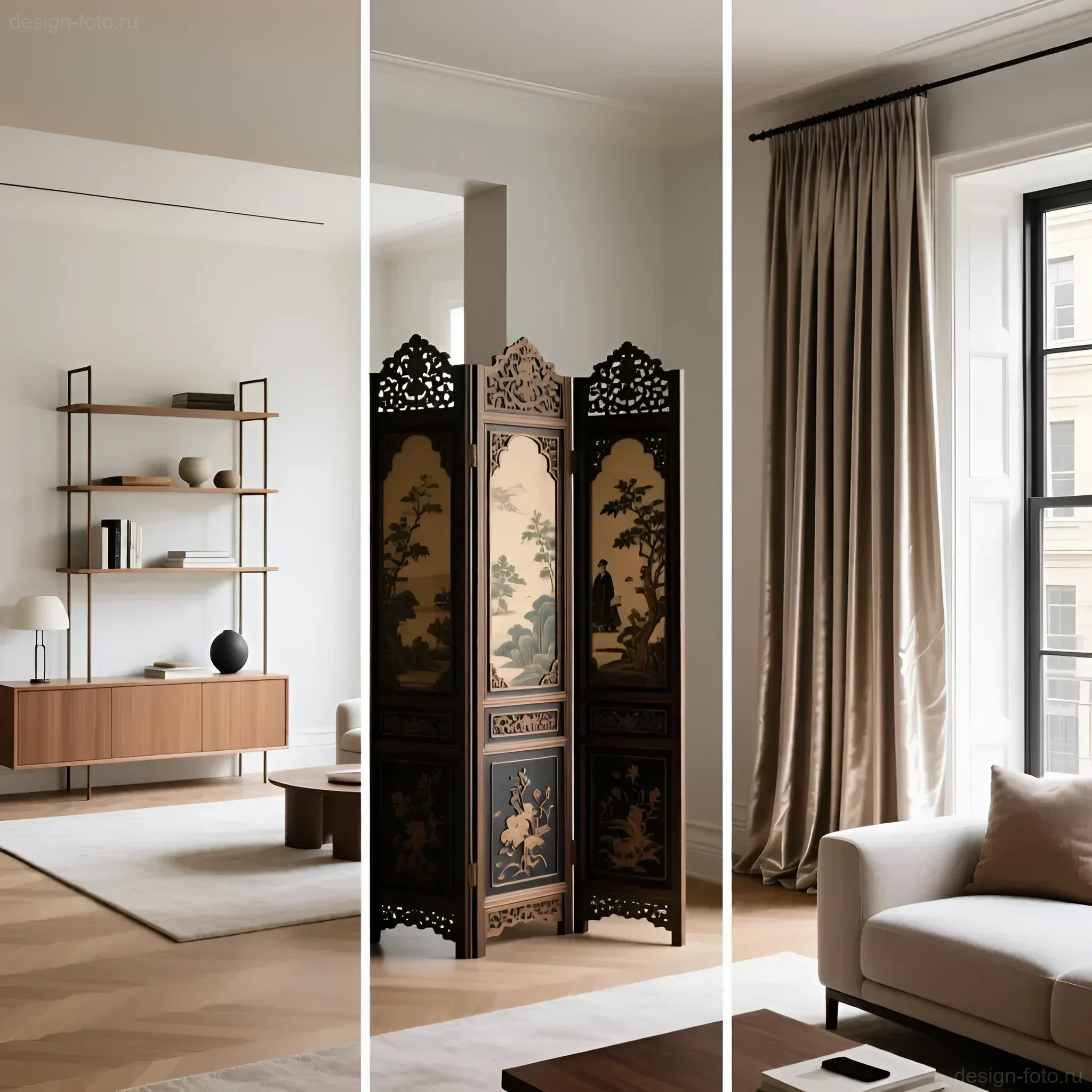 Сравнение трех методов мобильного зонирования: открытый стеллаж, антикварная ширма и плотные атласные шторы в светлом интерьере