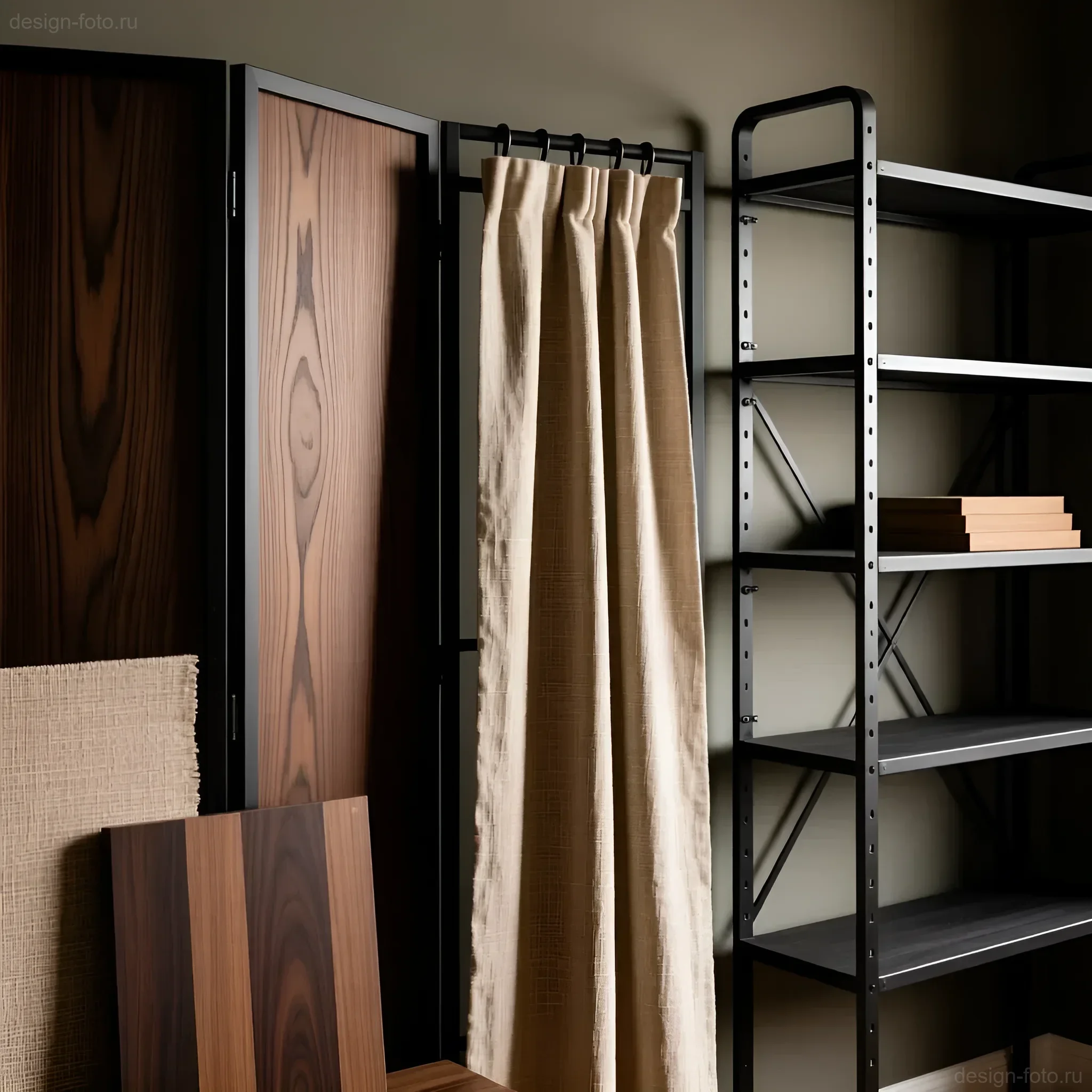 Крупный план мобильных перегородок: темный шпон, бежевый льняной текстиль и черная металлическая стеллажная система