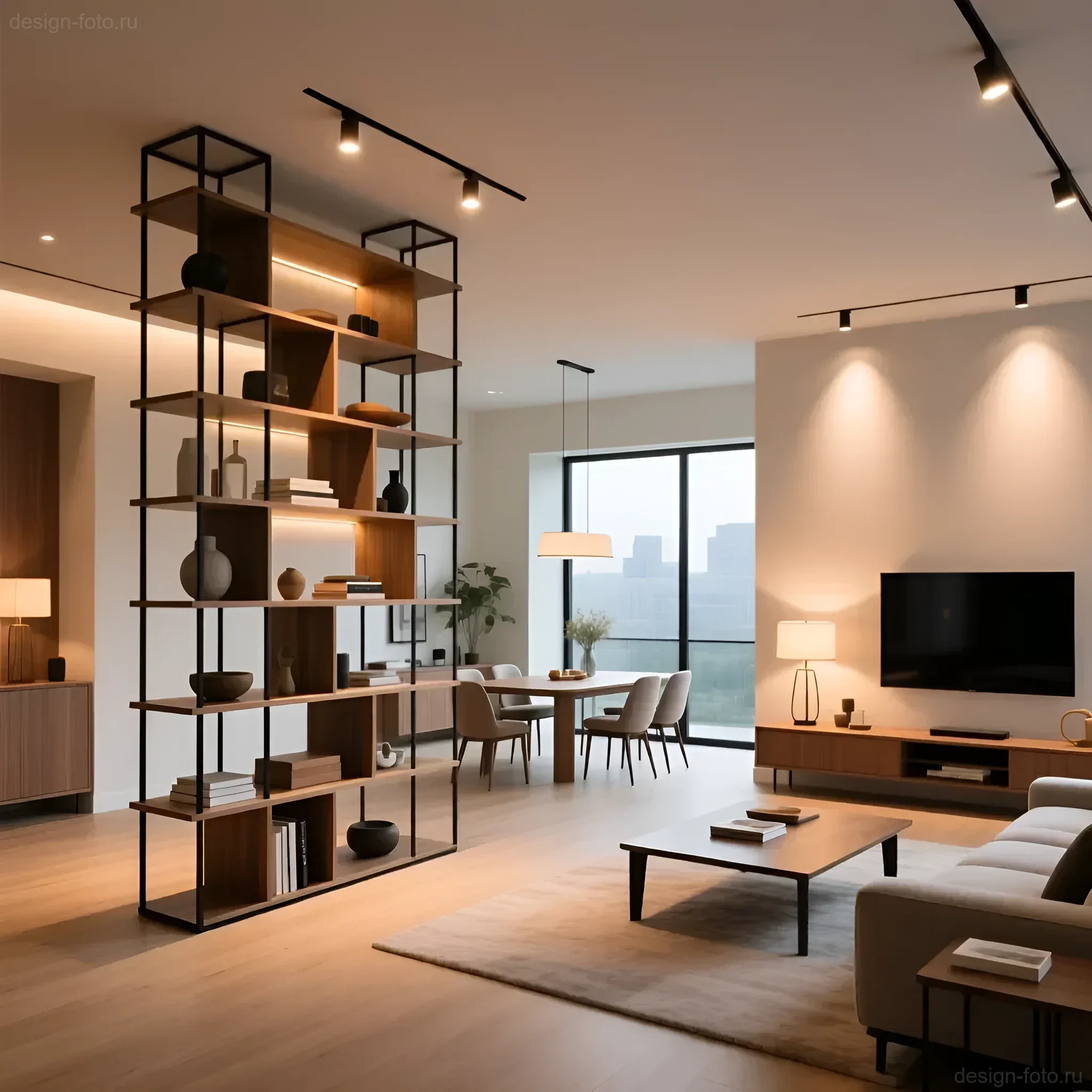 Открытый сквозной стеллаж из темного металла и дерева, разделяющий зону отдыха и столовую