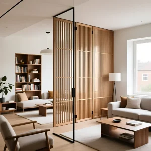 Светлая гостиная с мобильной перегородкой из светлого дерева, разделяющей зоны отдыха