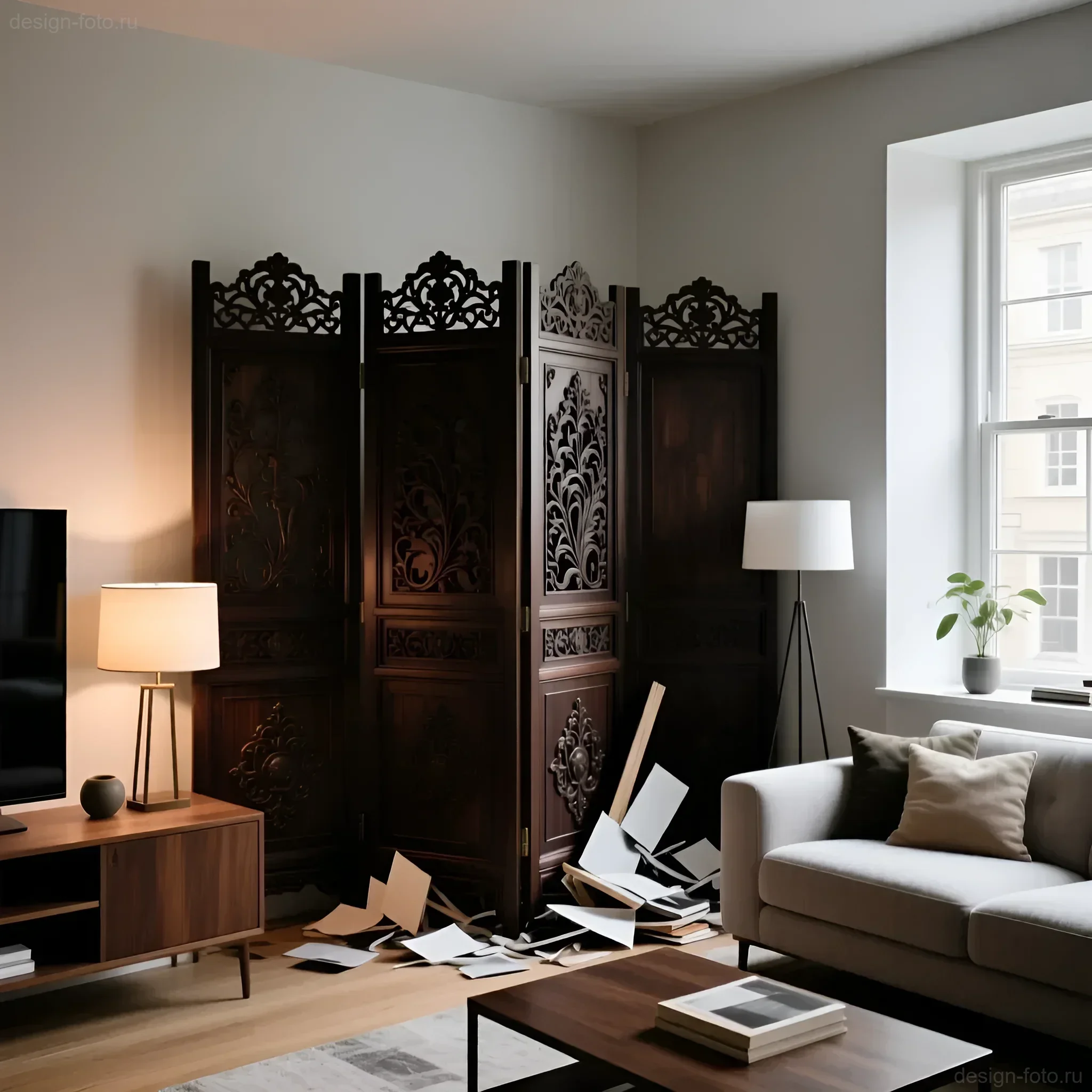 Гостиная с контрастом светлого минимализма и массивной резной ширмы из темного дерева