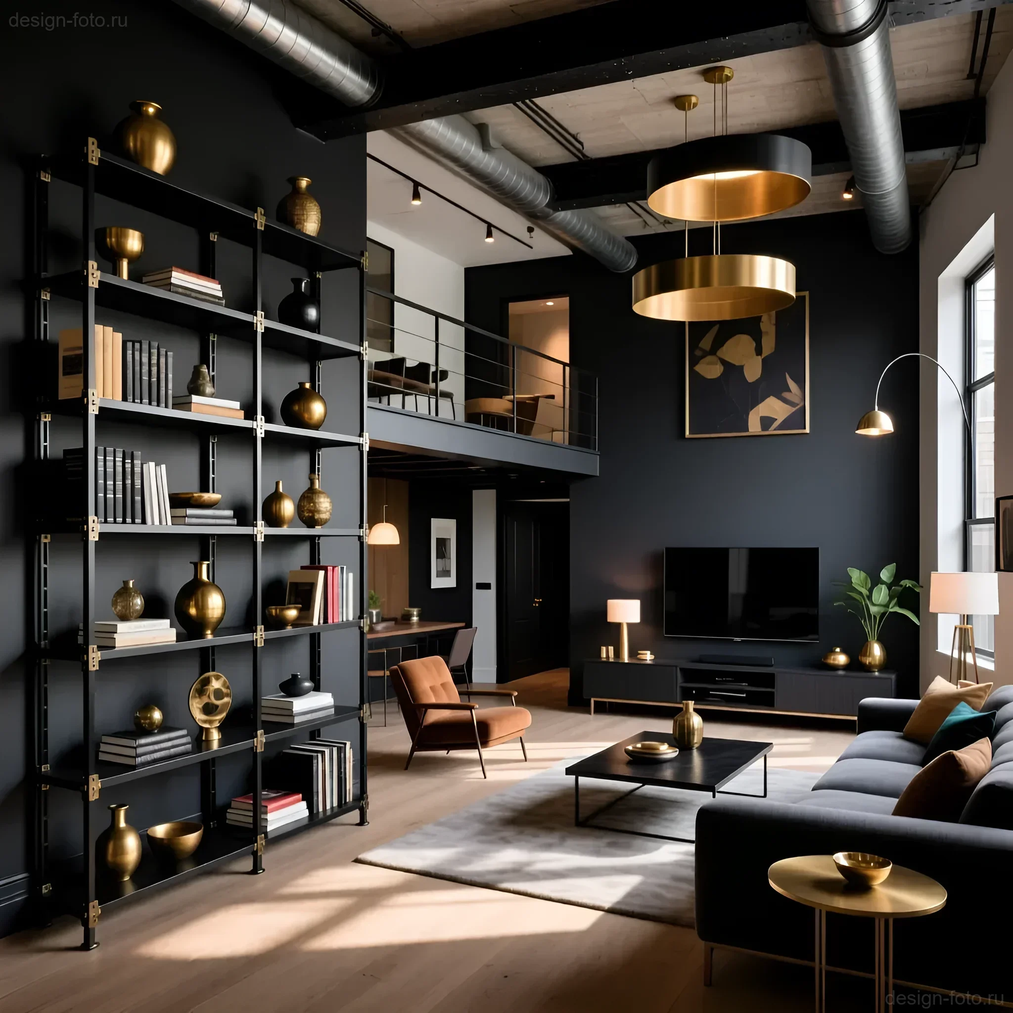 Интерьер гостиной в стиле лофт с высокими потолками, черными стенами и открытыми коммуникациями, зонированный с помощью массивного стеллажа и акцентной мебелью.