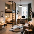 Пример грамотного зонирования малогабаритной квартиры с использованием двухъярусной кровати и светлой мебели в стиле сканди-модерн