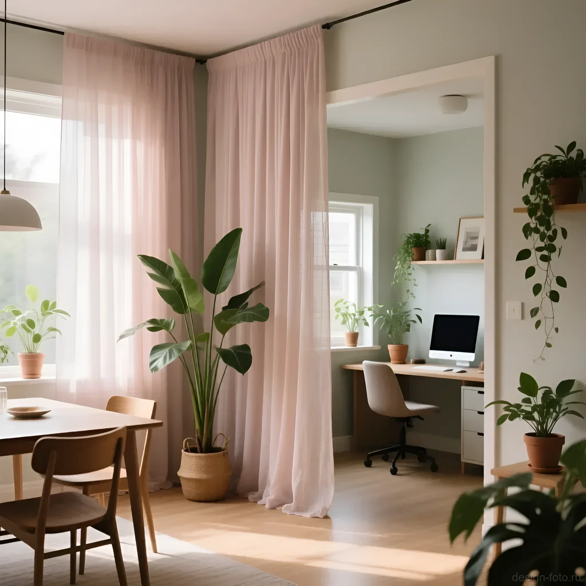 Нежная драпировка из полупрозрачной ткани разделяет обеденную зону и домашний офис в светлом интерьере.