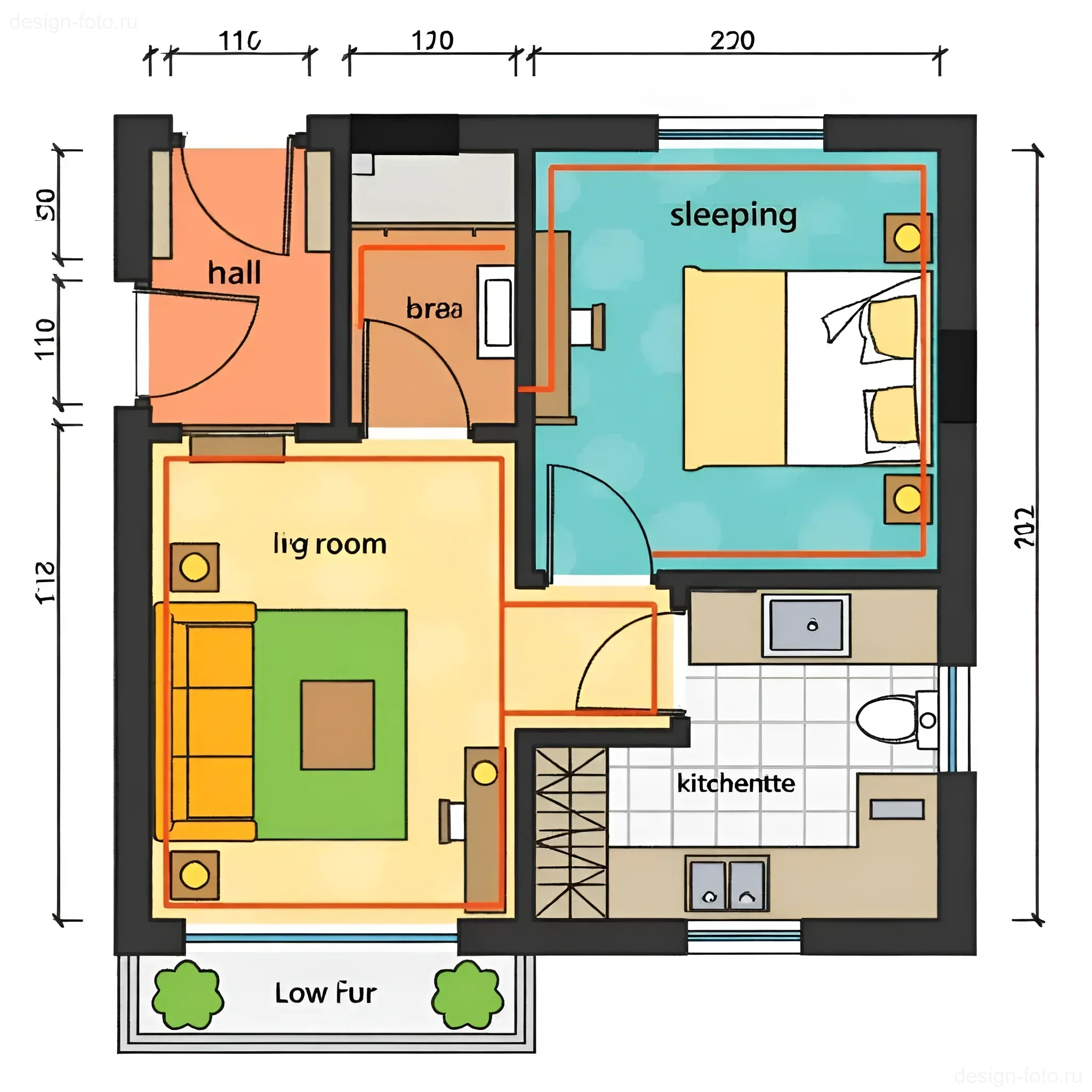 Схематичный план квартиры с четким разделением на гостиную, спальню и кухню-нишу
