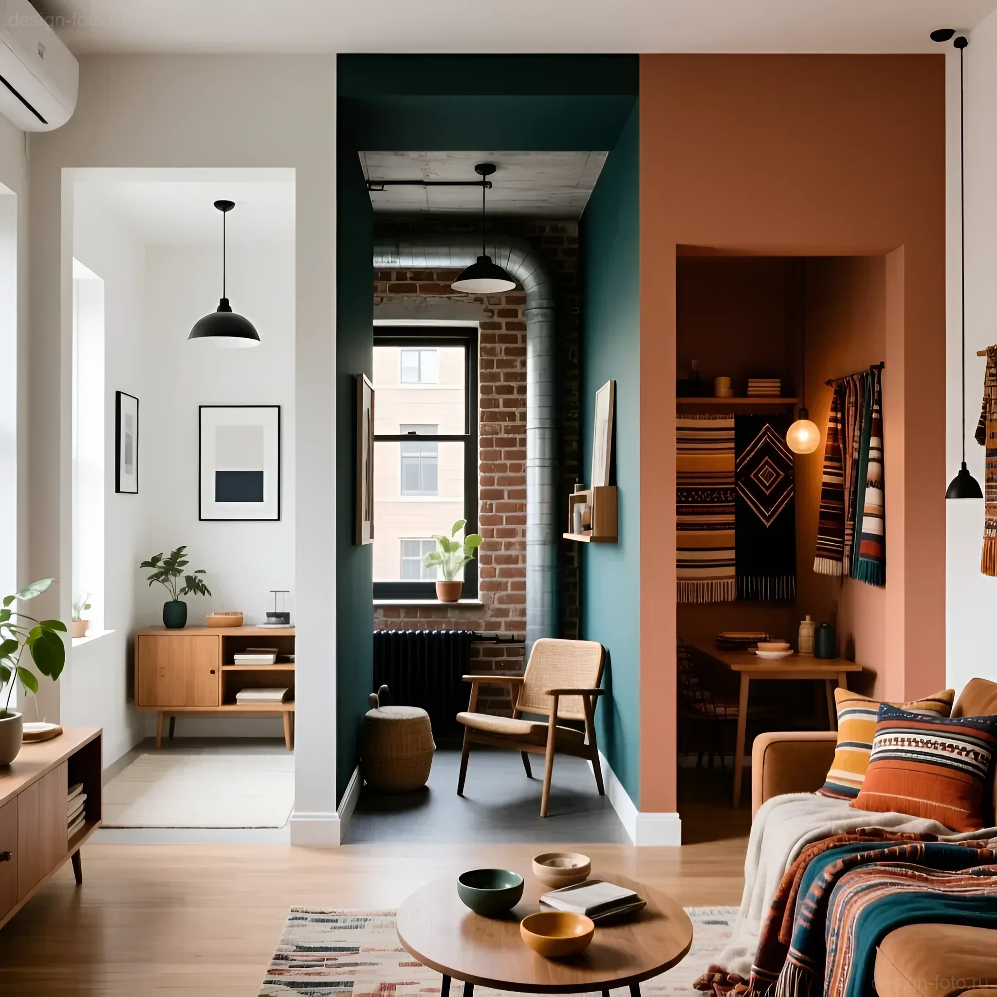 Интерьер с контрастным зонированием через цветные проемы и индустриальные акценты