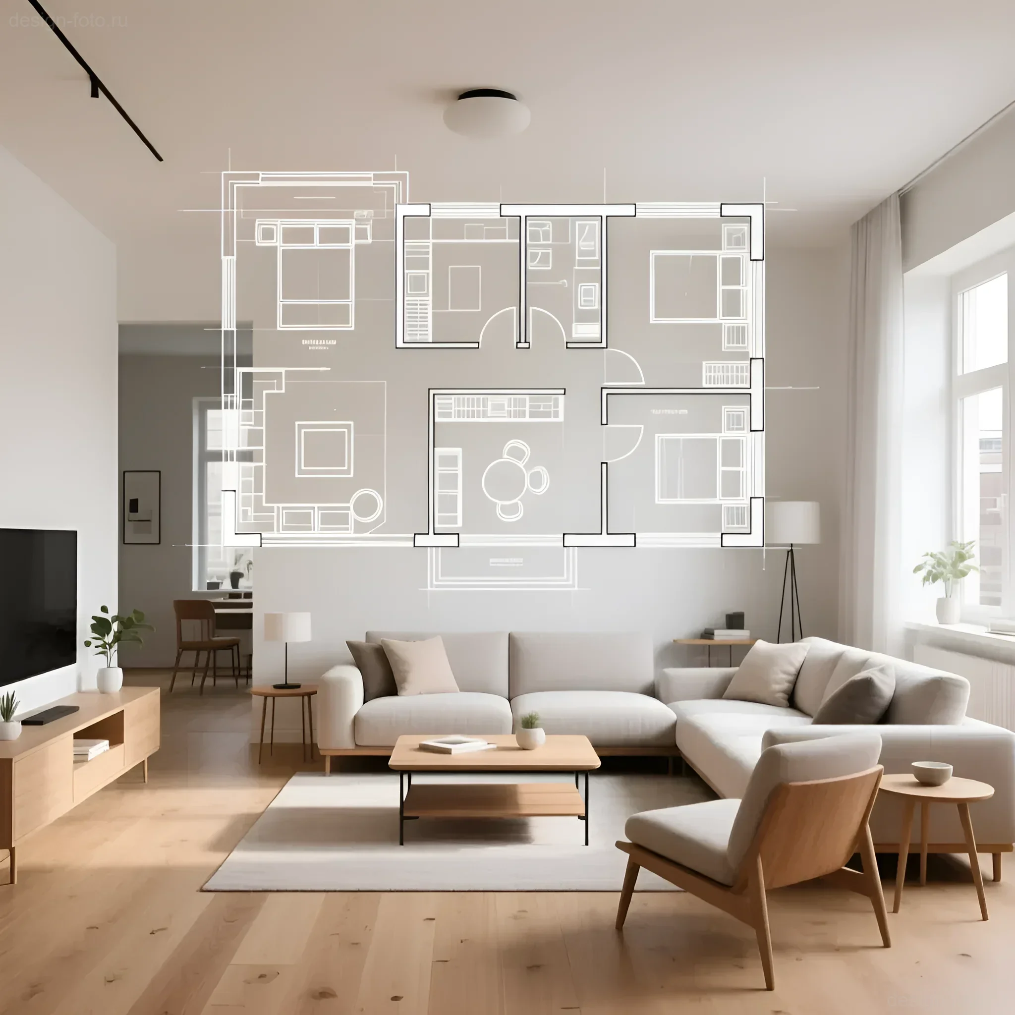 Светлый интерьер гостиной с наложенным проекционным планом квартиры, демонстрирующим зонирование