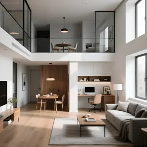 Интерьер лофта с антресольным этажом, использующим стеклянные перегородки и натуральное дерево для разделения зон