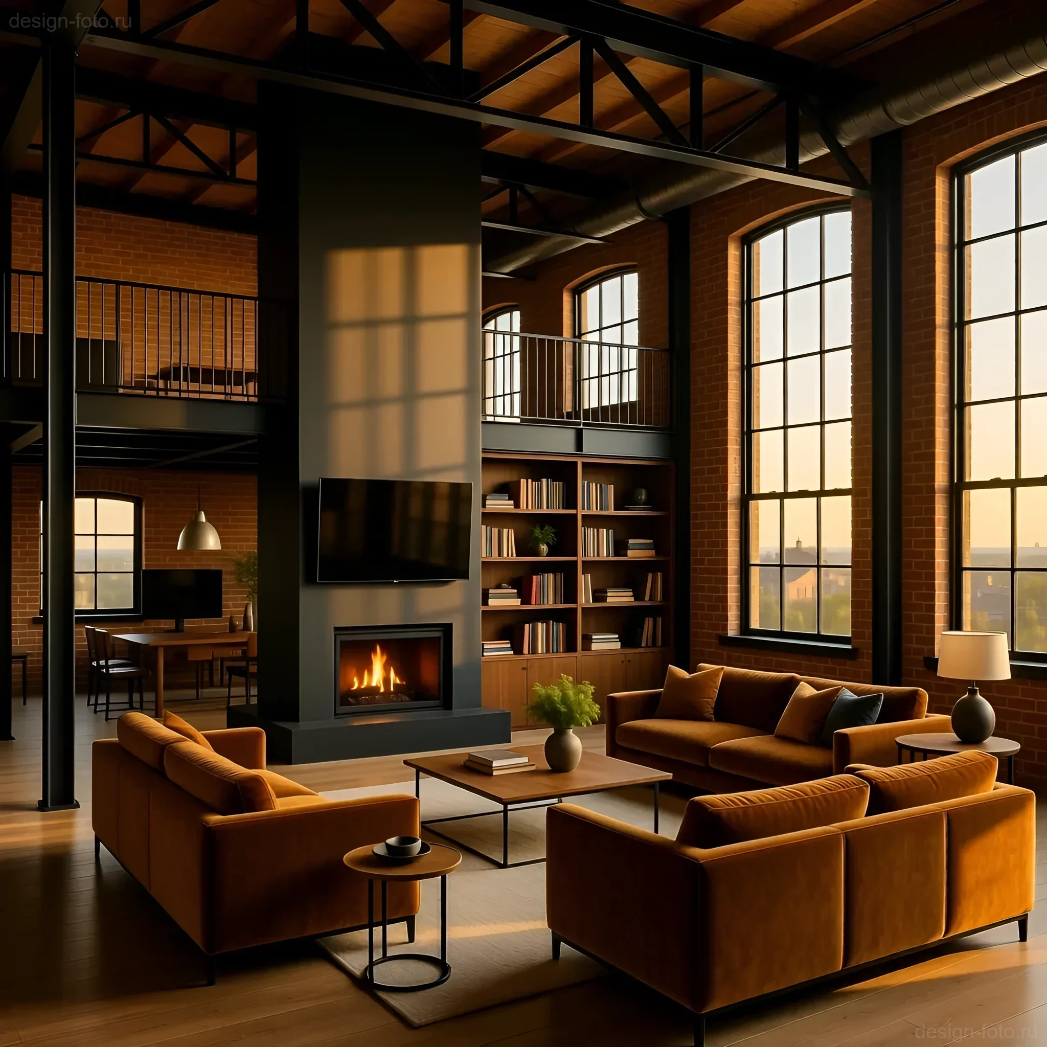 Просторный интерьер лофта с открытыми фермами, кирпичными стенами и мебелью терракотового цвета, демонстрирующий эффективное зонирование гостиной и мезонина.