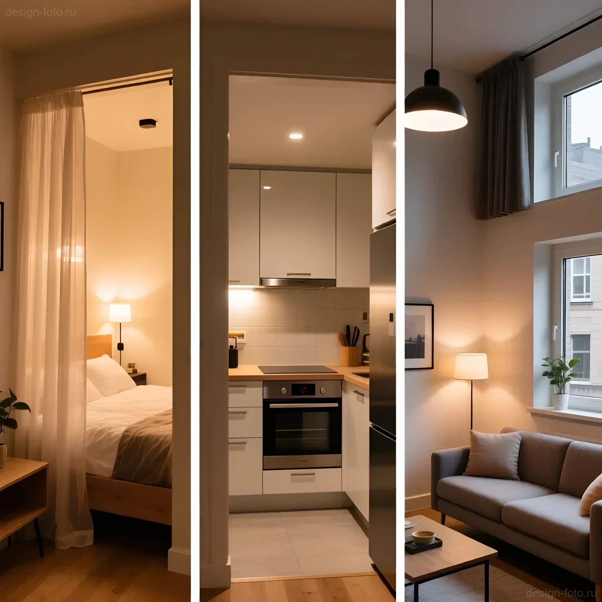 Сплит-фото: спальня за легкой шторой, компактная кухня и гостиная с диваном в малогабаритной квартире