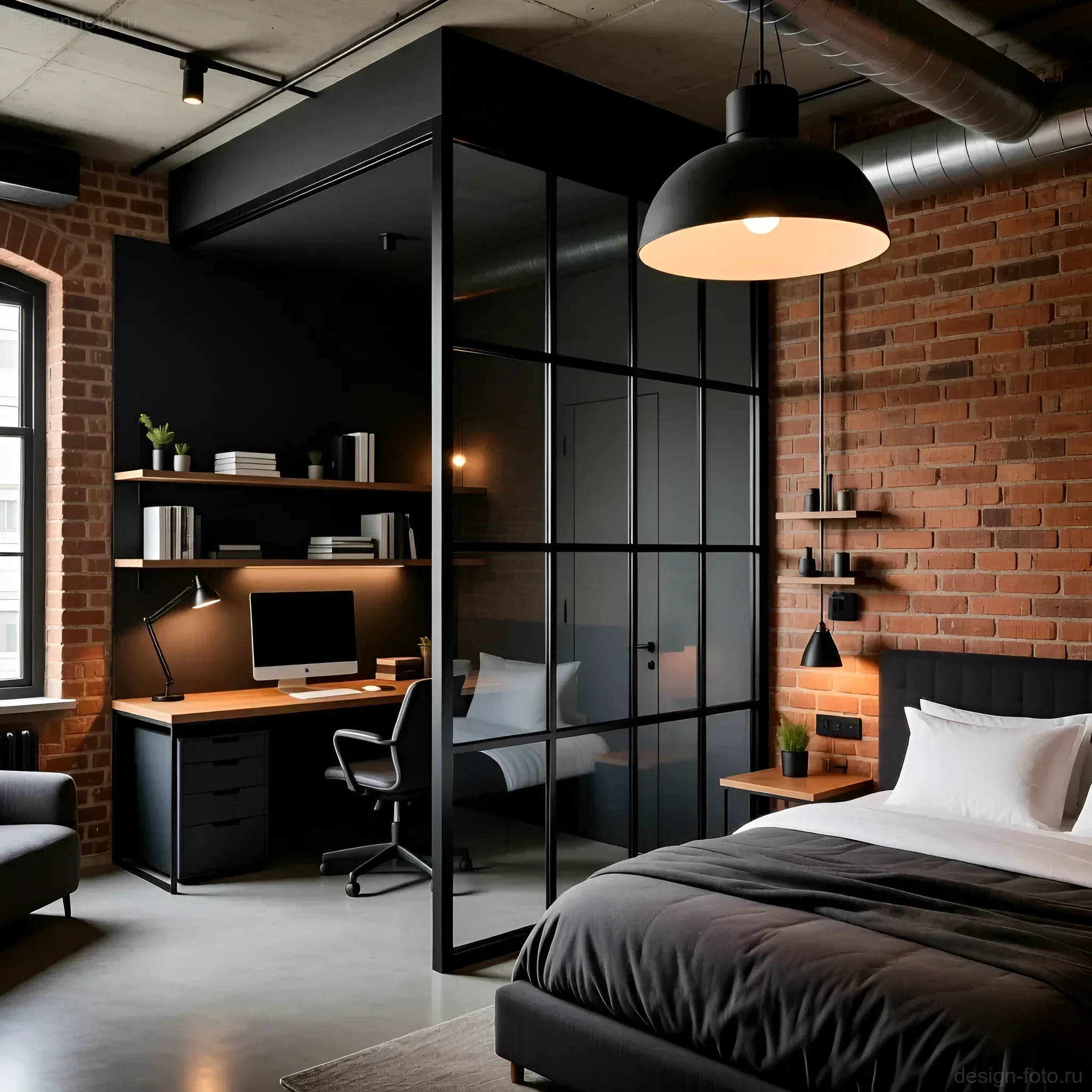 Стильное зонирование лофт-спальни с помощью черной металлической перегородки для рабочего места