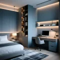 Современное зонирование спальни с выделенной рабочей зоной и встроенными системами хранения
