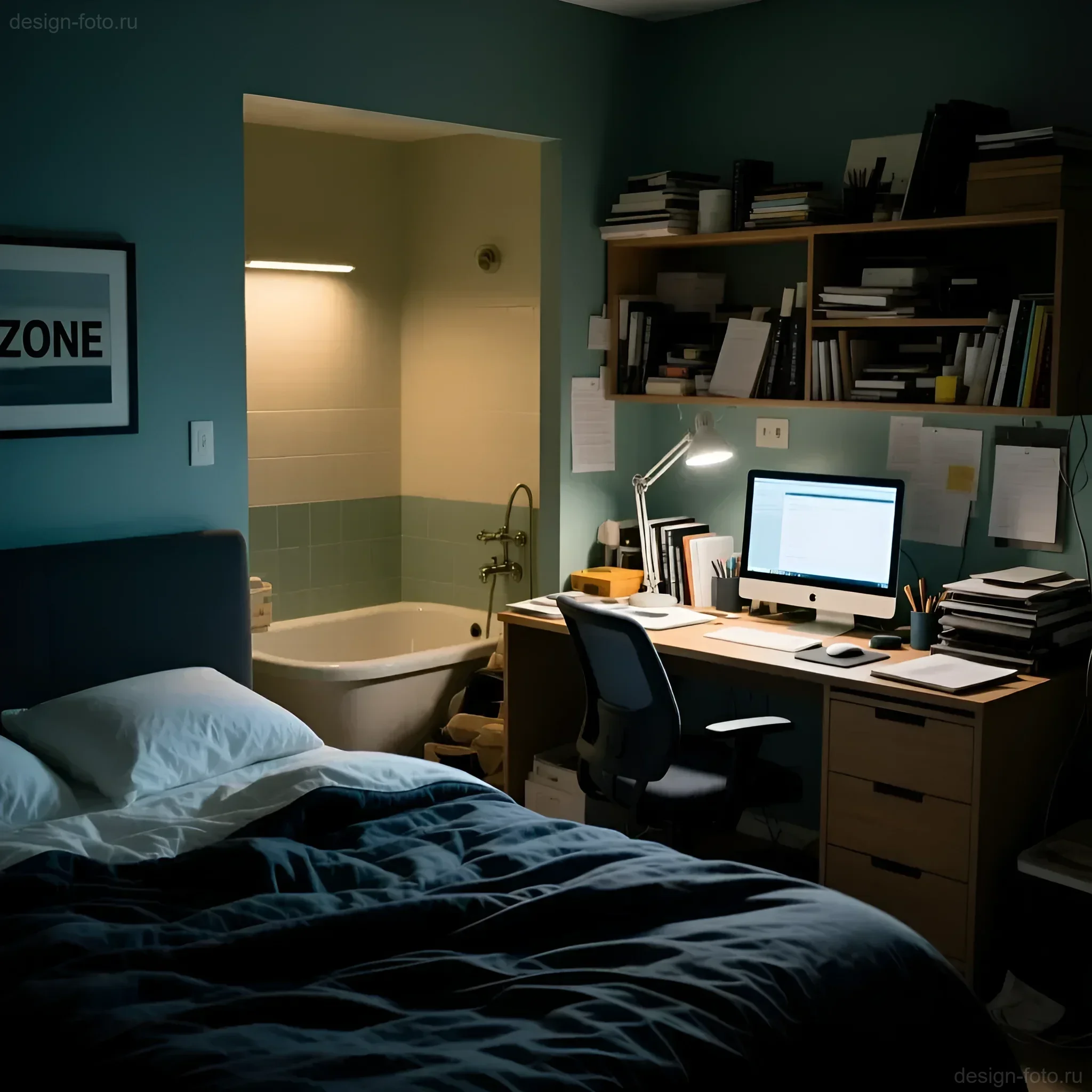Интерьер спальной комнаты с интегрированным рабочим столом, демонстрирующий контраст между зоной сна и продуктивности