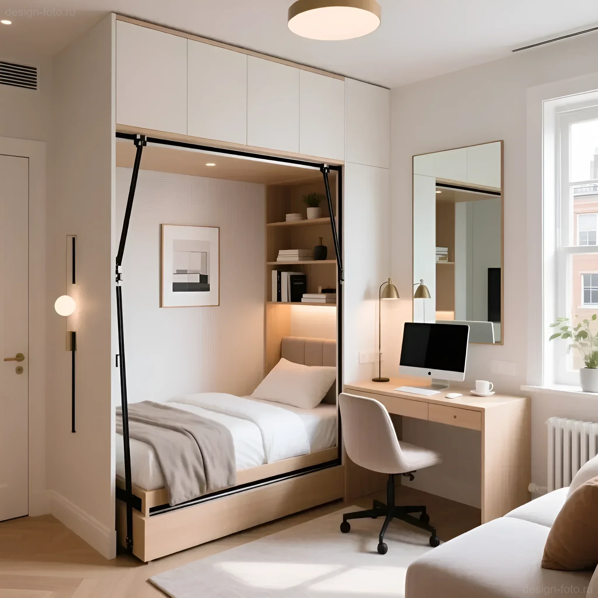 Интерьер малогабаритной комнаты с откидной кроватью и встроенной рабочей зоной