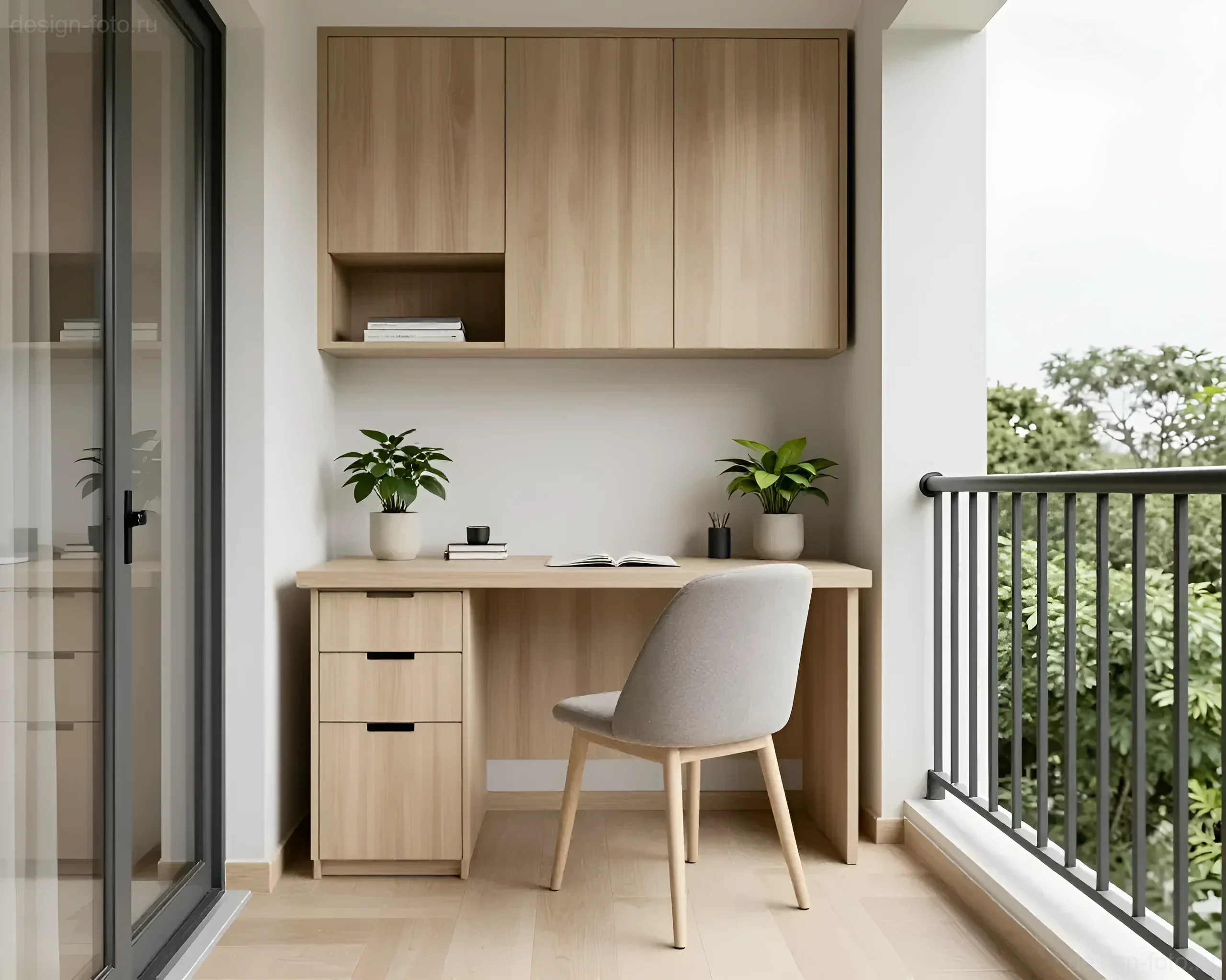 Balcon confortable transformé en mini-bureau de style scandinave avec une table en bois, une chaise et des étagères murales.