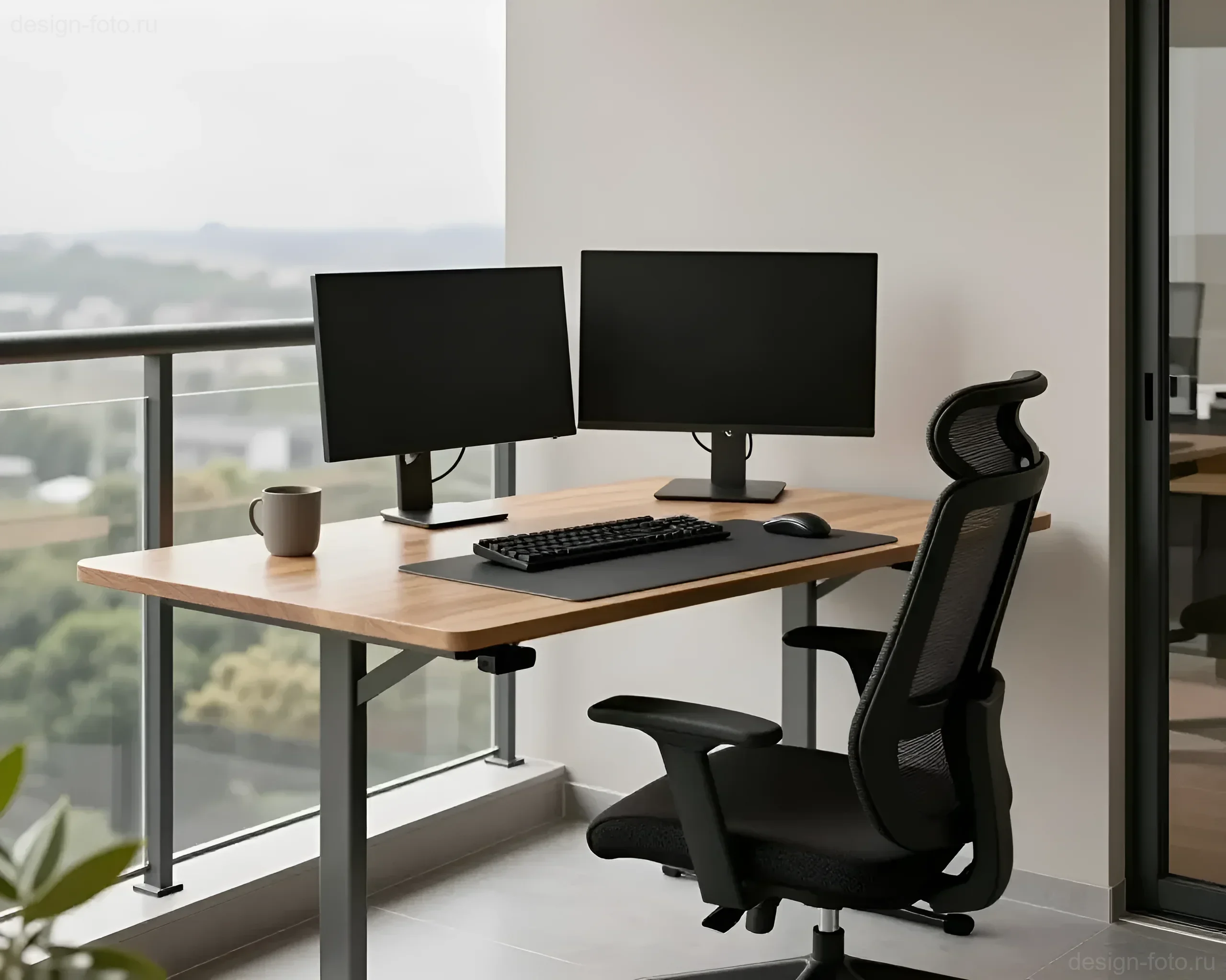 Mini-bureau ergonomique sur balcon avec deux moniteurs, une table en bois et une chaise noire, vue sur la verdure.